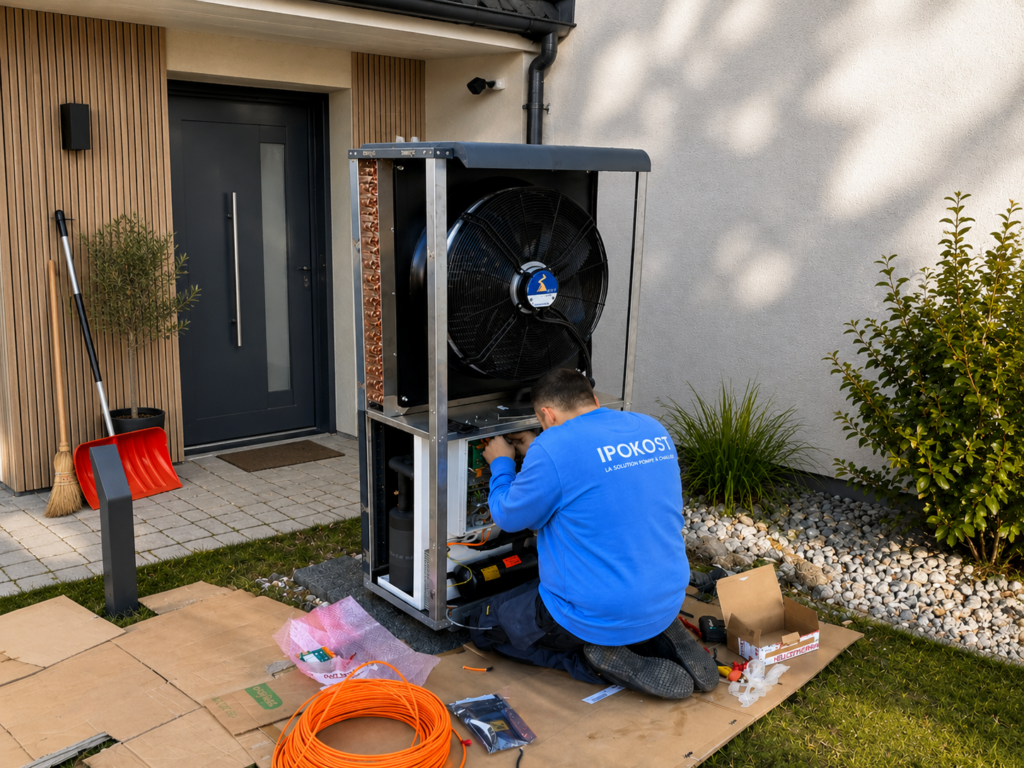 Technicien IPOKOST réalisant l'installation d'une pompe à chaleur air-eau