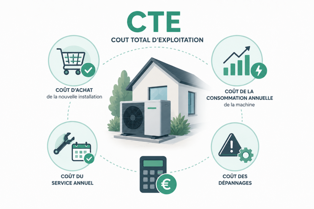 CTE pompe à chaleur : illustration du coût total d'exploitation comprenant achat, consommation électrique, entretien annuel et dépannages