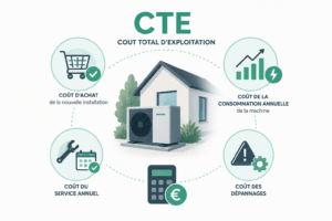 CTE pompe à chaleur : illustration du coût total d'exploitation comprenant achat, consommation électrique, entretien annuel et dépannages