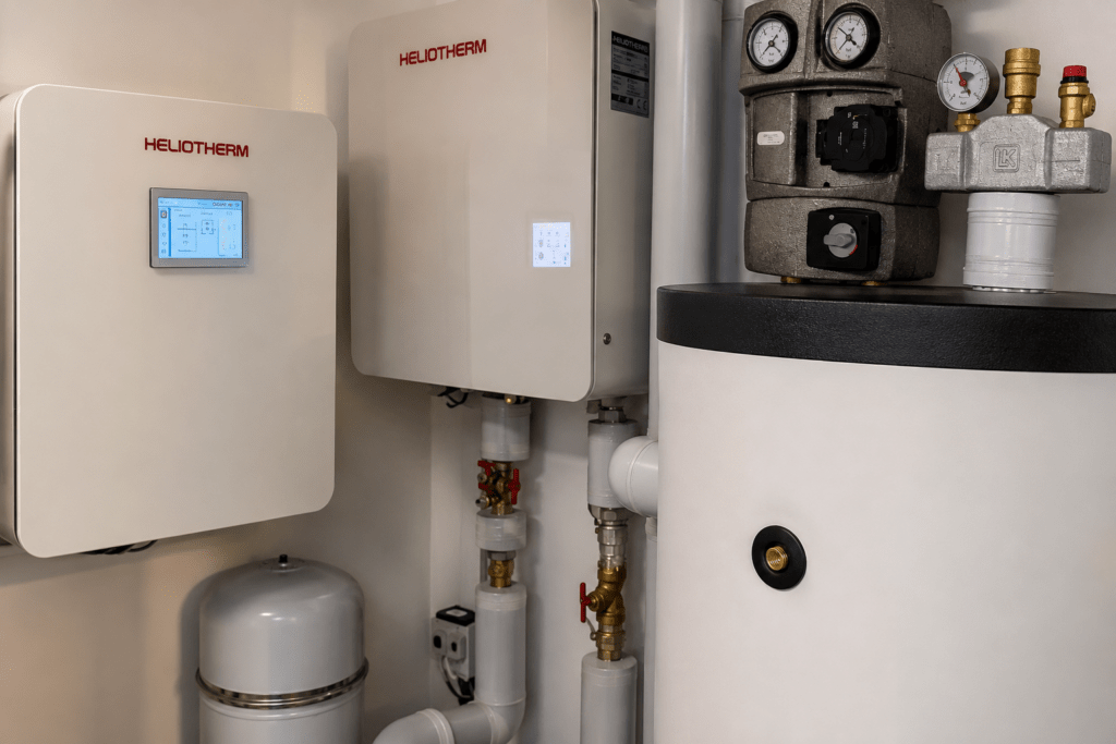 Pompe à chaleur air-eau Heliotherm installée par les techniciens chauffagistes et frigoristes d'IPOKOST dans la commune de Ruyères-les-Près dans le canton de Fribourg.