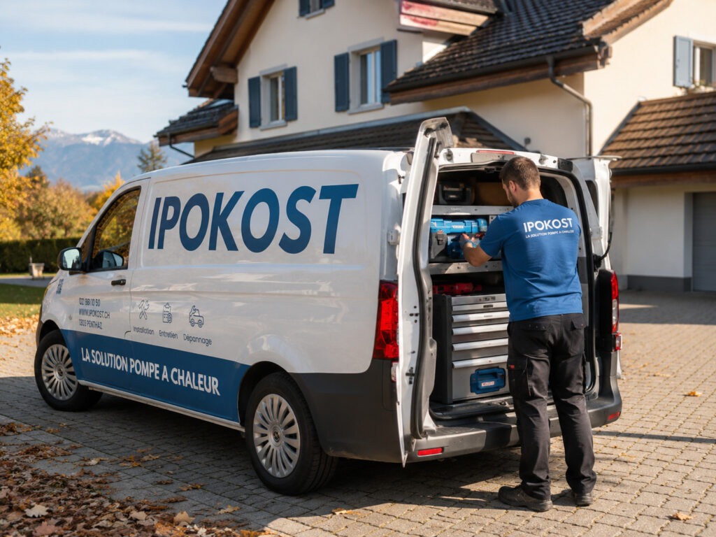 Technicien IPOKOST préparant ses outils pour l'entretien d'une pompe à chaleur en Suisse romande
