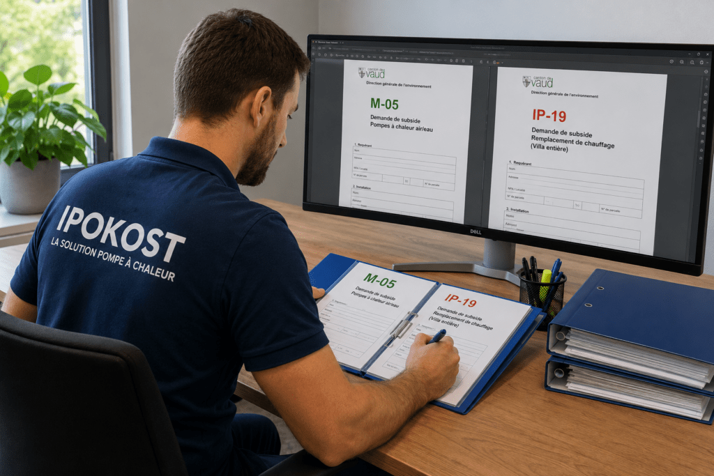 Collaborateur IPOKOST SA travaillant sur un dossier de subsides M-05 et IP-19