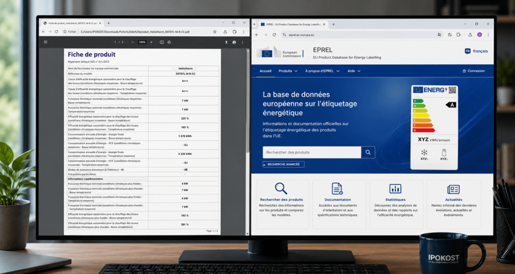 Écran d'ordinateur IPOKOST présentant une fiche produit de pompe à chaleur EPREL.
