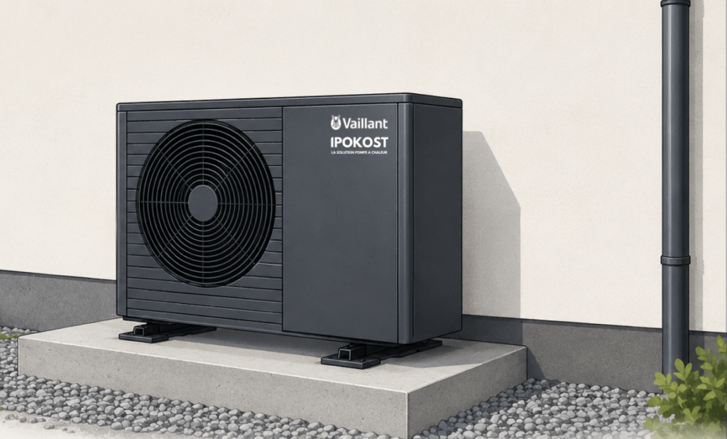 Illustration d'une pompe à chaleur Vaillant installée par IPOKOST sur une dalle en béton réalisée en interne.