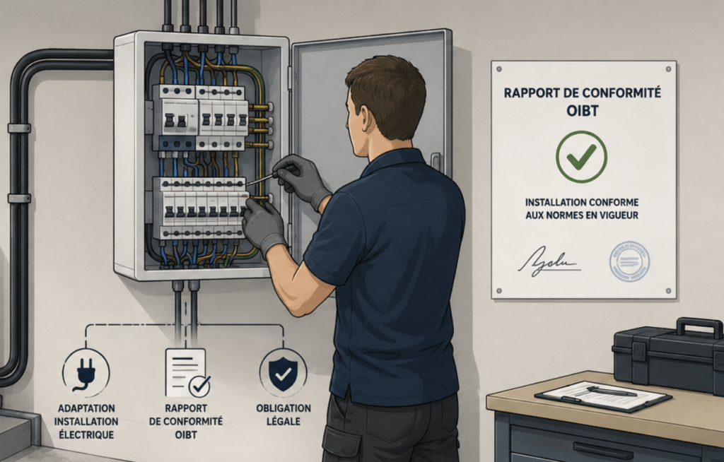 Illustration d'un technicien réalisant des travaux électriques liés à la pose d'une pompe chaleur IPOKOST.