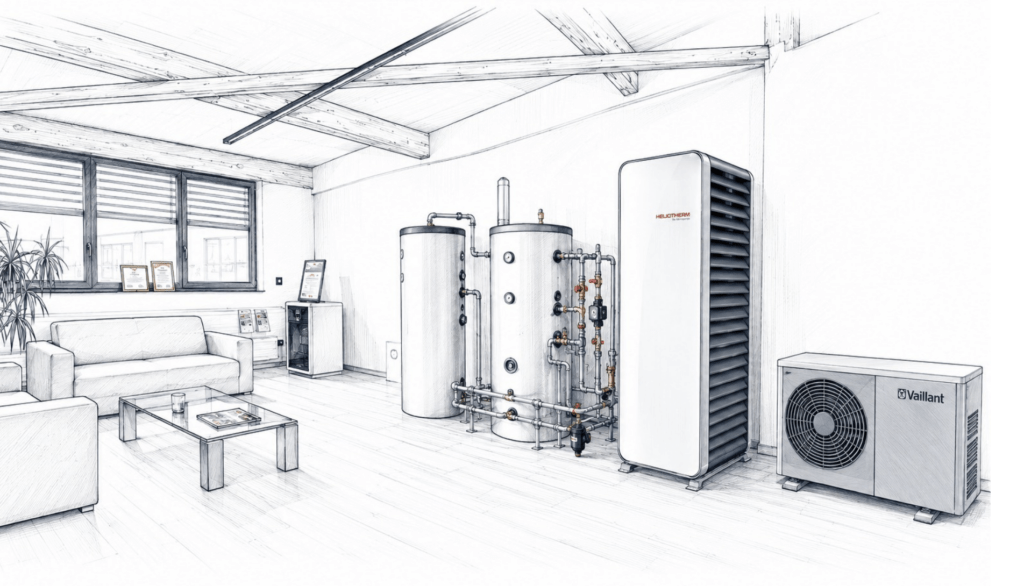 Showroom IPOKOST avec pompe à chaleur Heliotherm et Vailant.